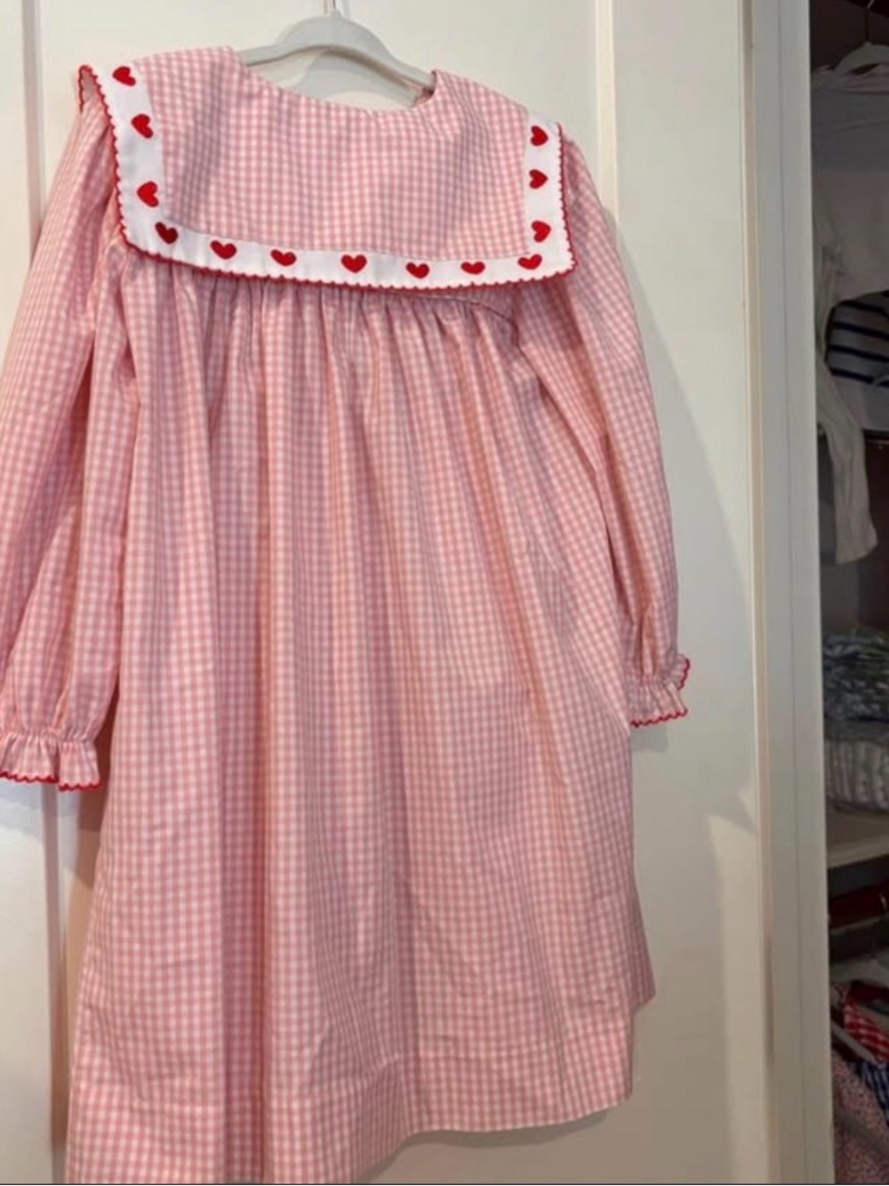 Stitchy Fish Pink Gingham Heart-Trim Long-Sleeve Kids Casual Dress